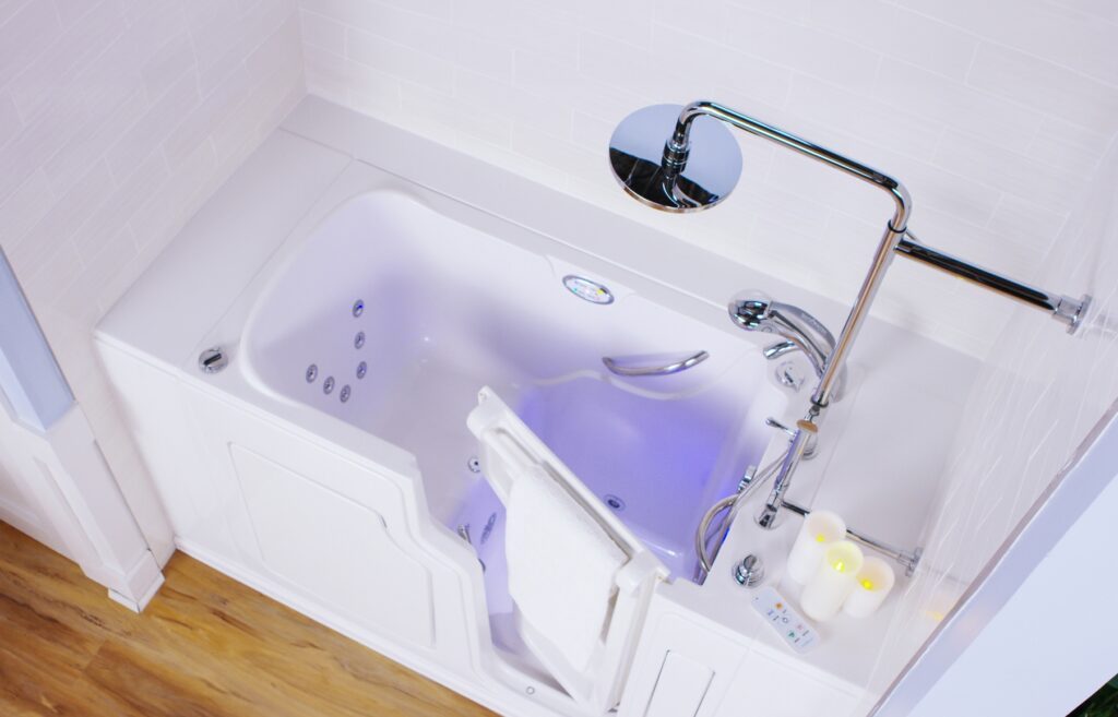 tub shower combo with white tile walls