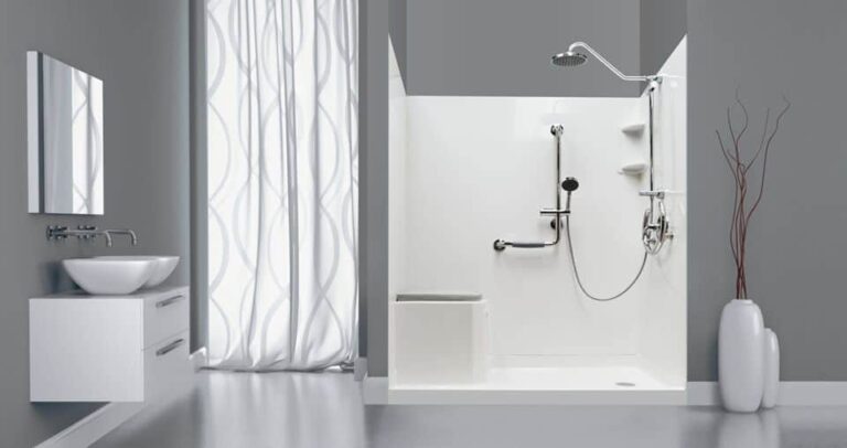 Modern grey bathroom with a walk-in shower