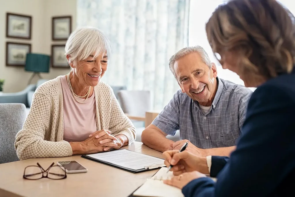 elderly couple speaking with a caregiver
