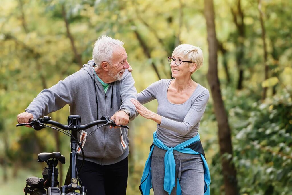 elderly couple walking