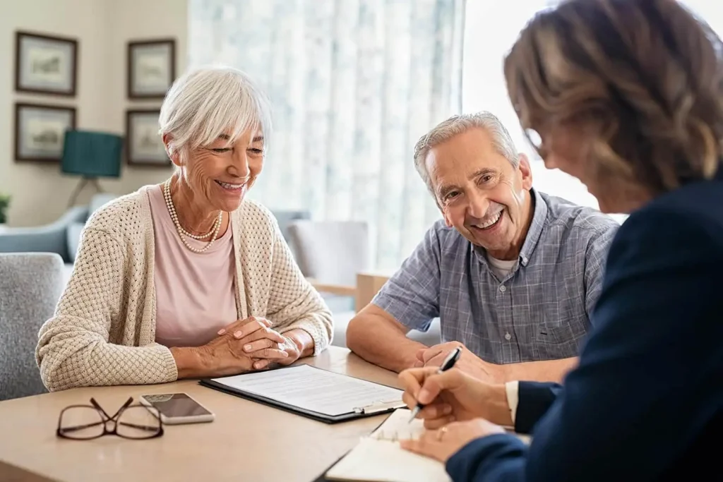 elderly couple speaking with a salesperson