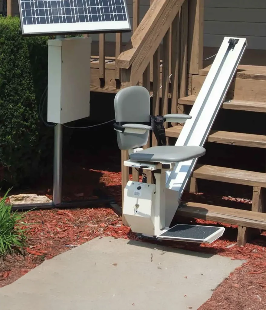 outdoor stairlift leading to wooden porch