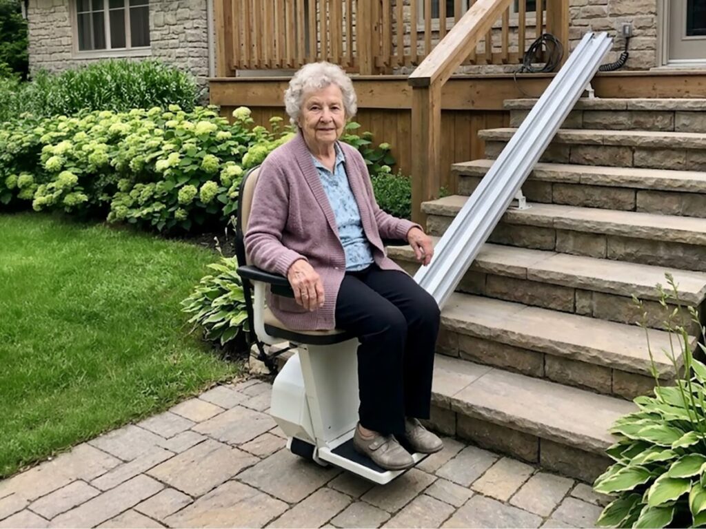 elderly woman sitting on outdoor stairlift