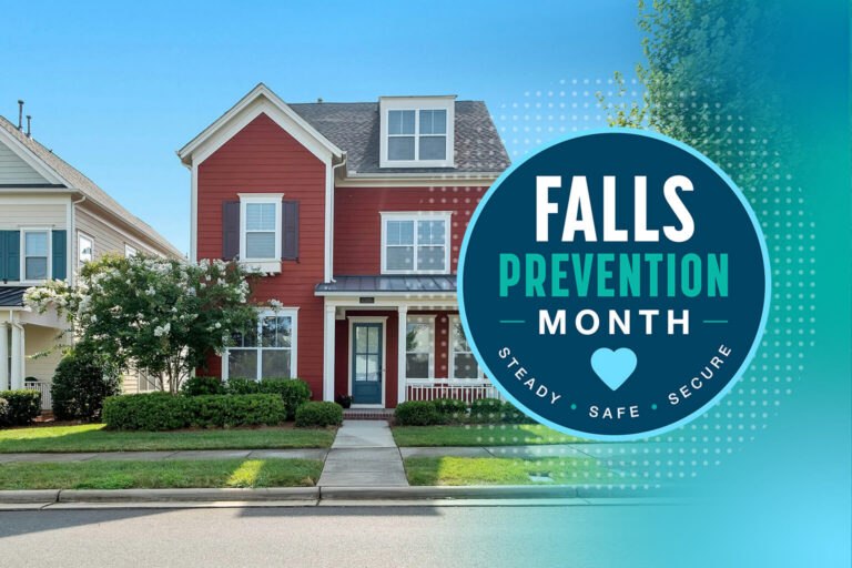 Falls Prevention Month badge with home exterior