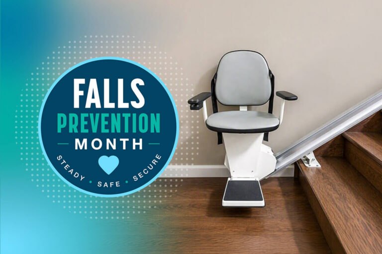 Falls Prevention Month badge with Safe Step stairlift on wooden stairs