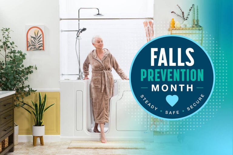 Falls Prevention Month badge with woman stepping out of Safe Step Walk-In Tub