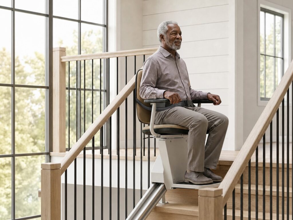 Senior riding a stairlift